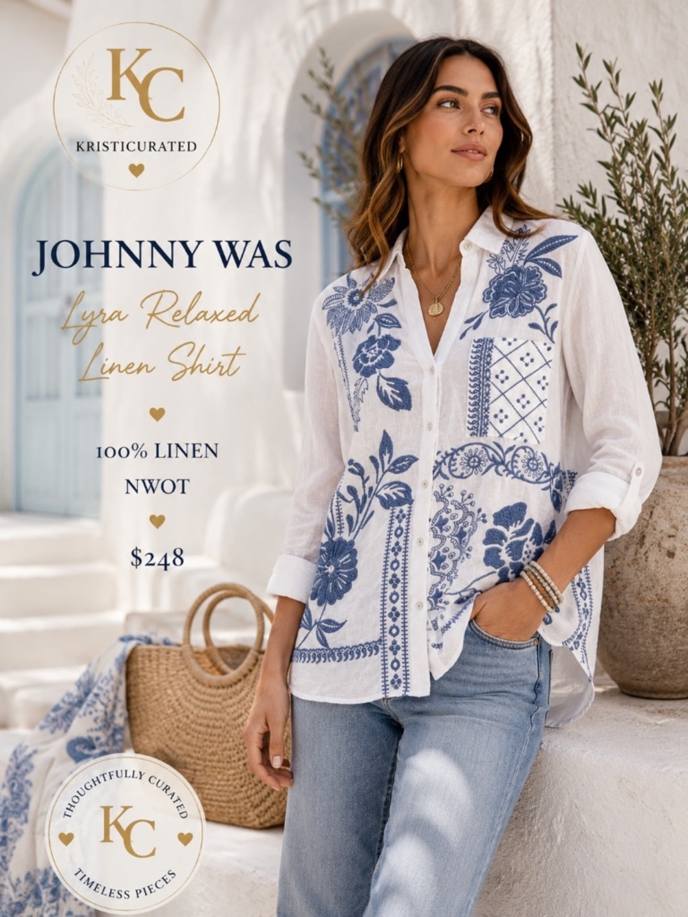 Johnny Was Lyra Relaxed Linen Shirt XL White Blue Embroidered NWOT